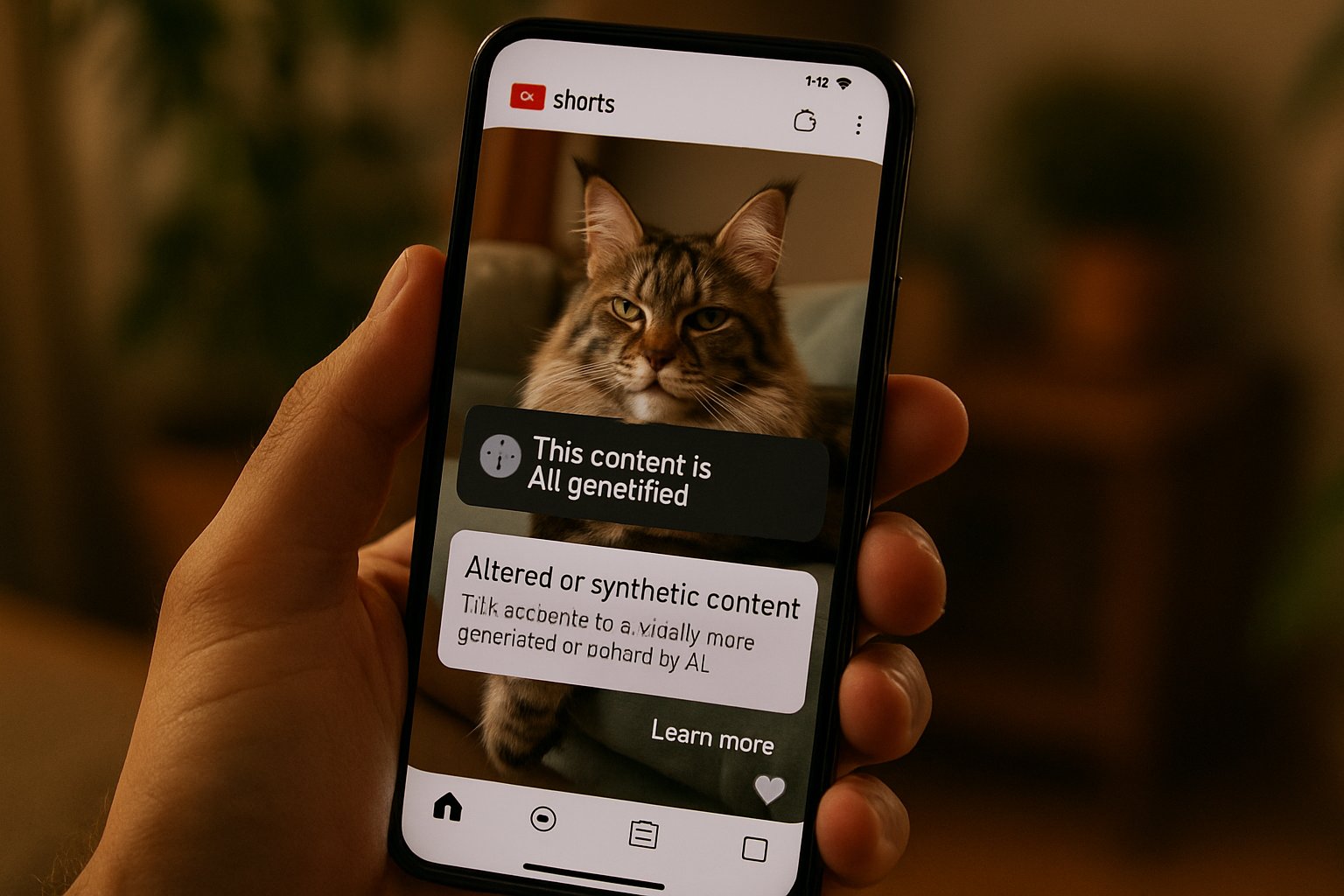 Smartphone shows AI Content Moderation warning on YouTube Shorts video.