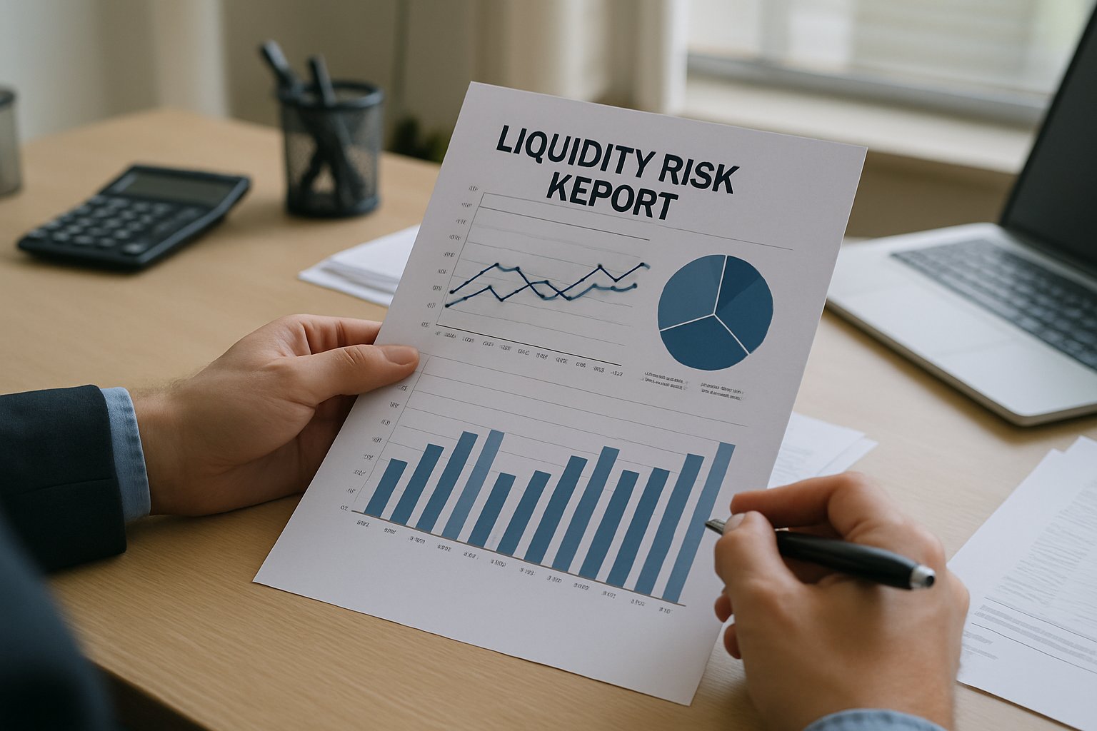 Financial Execution Crisis analyst assesses liquidity strategy in modern office.