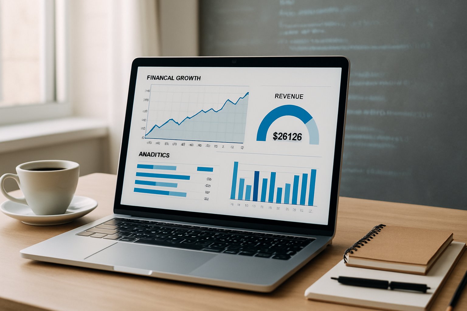 Laptop showing financial analytics related to AI Startup Profitability on desk.