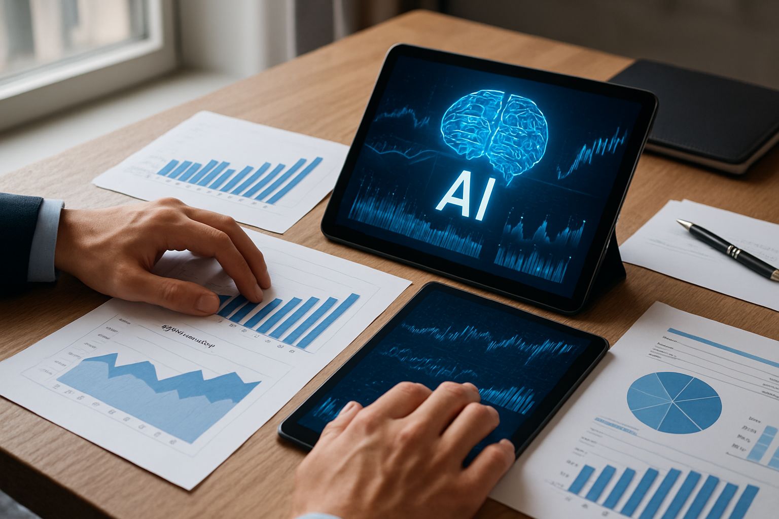 Hands analyzing graphs and AI data for Financial Strategy planning