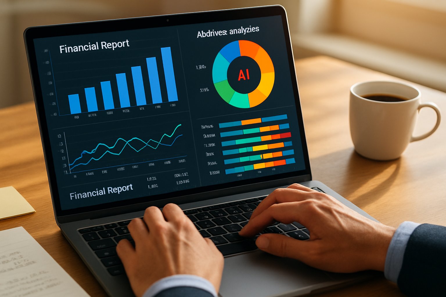 AI Corporate Growth analytics viewed on laptop by business professional in office.