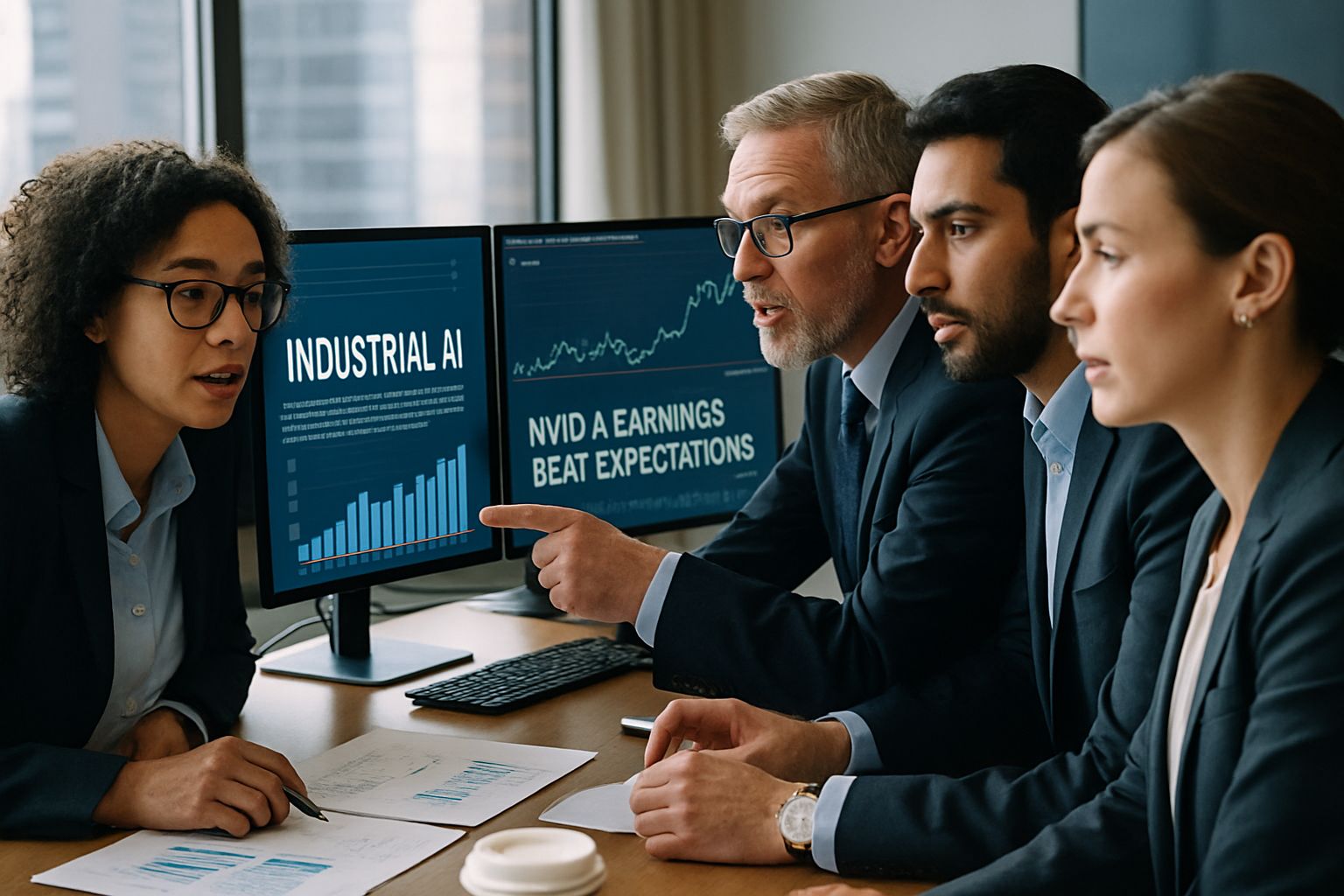 Business team analyzes Nvidia earnings linked to Industrial AI Boom.