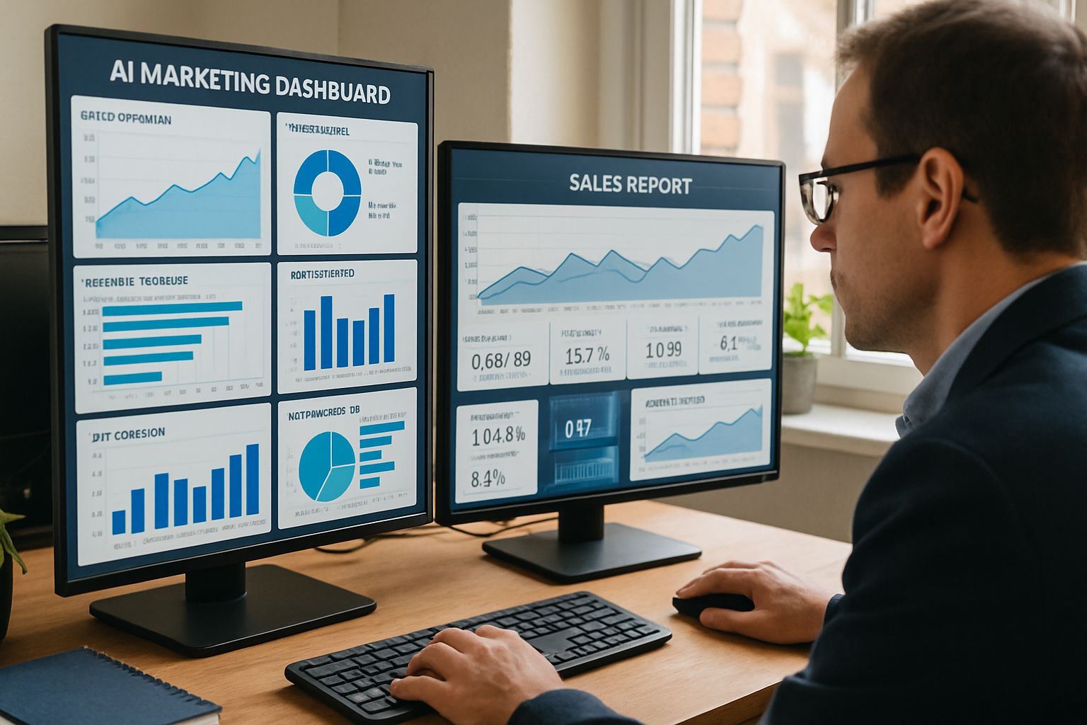 Professional reviews AI Sales Marketing data dashboards at office desk.
