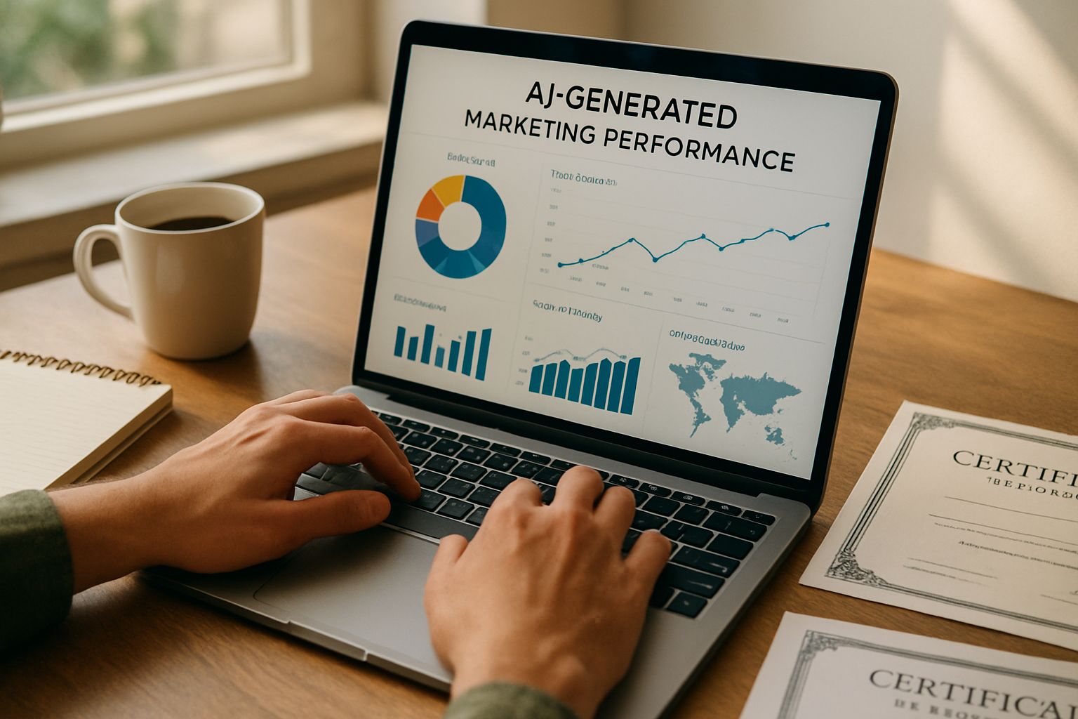 Marketer analyzing AI Marketing Strategy results on a realistic laptop screen with charts.