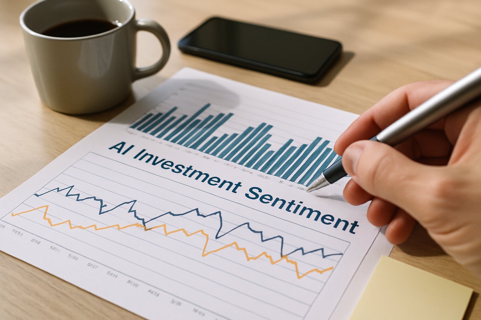 Printed report with AI Investment Sentiment graphs and business notes.