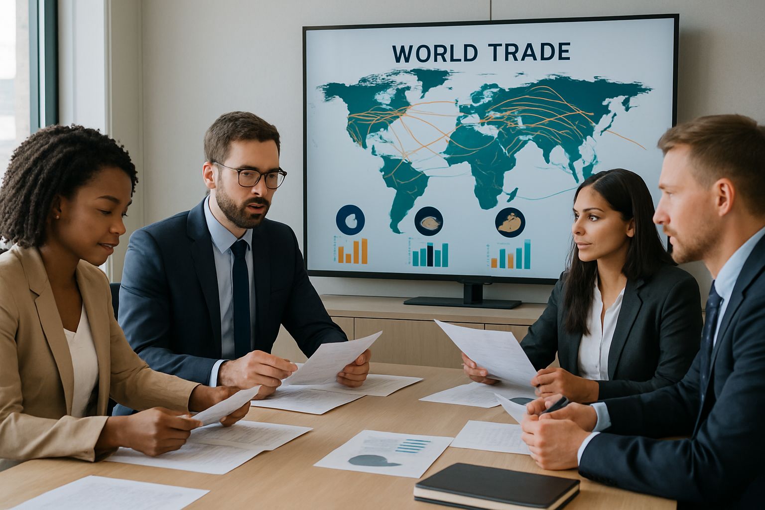 Business team discusses Supply Chain Risk using global resource charts.