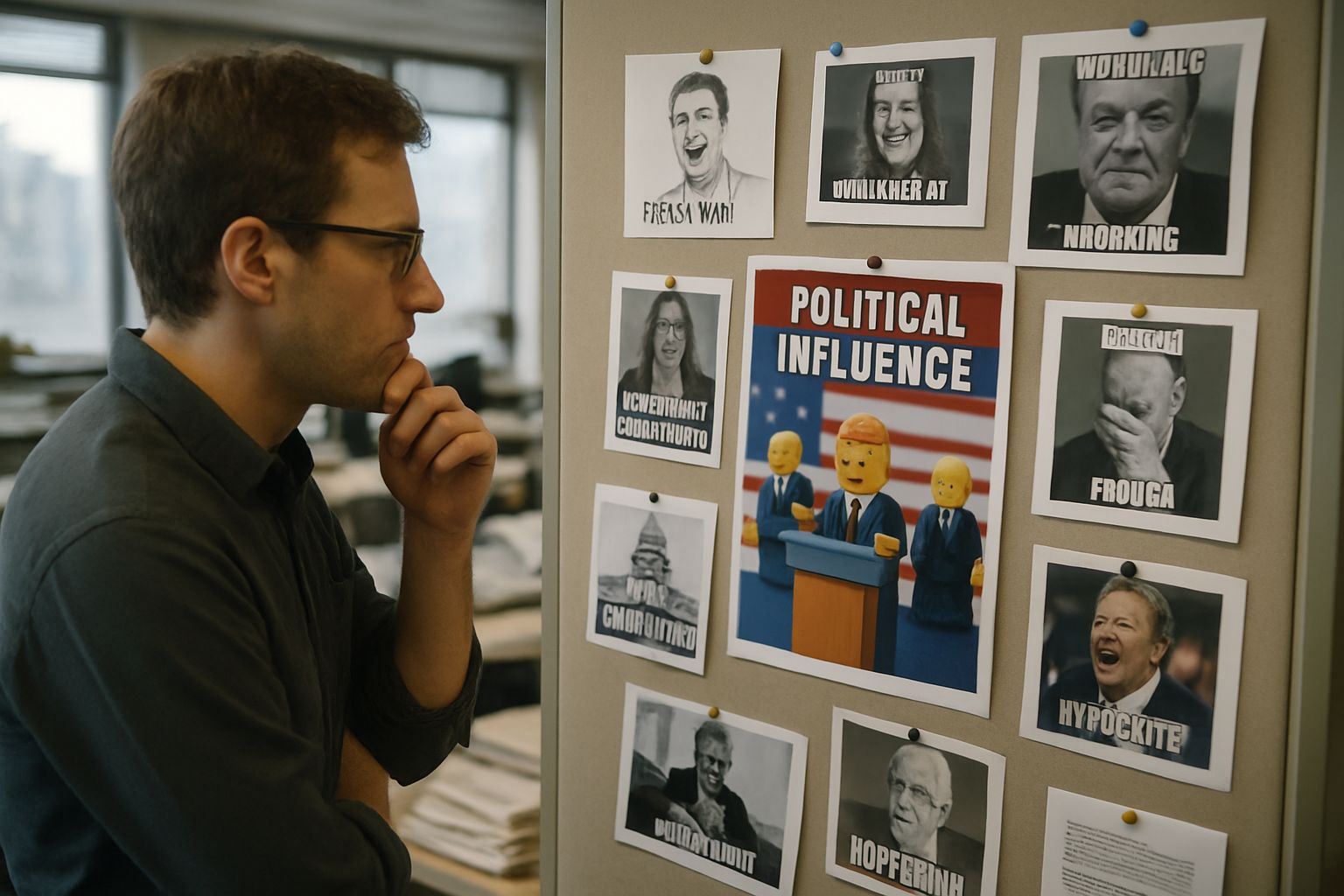 Journalist studies LEGO-inspired Political Influence memes on news bulletin board.