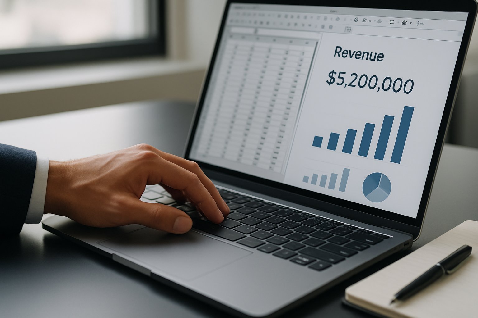 Corporate Revenue data being analyzed on a laptop by a business professional.