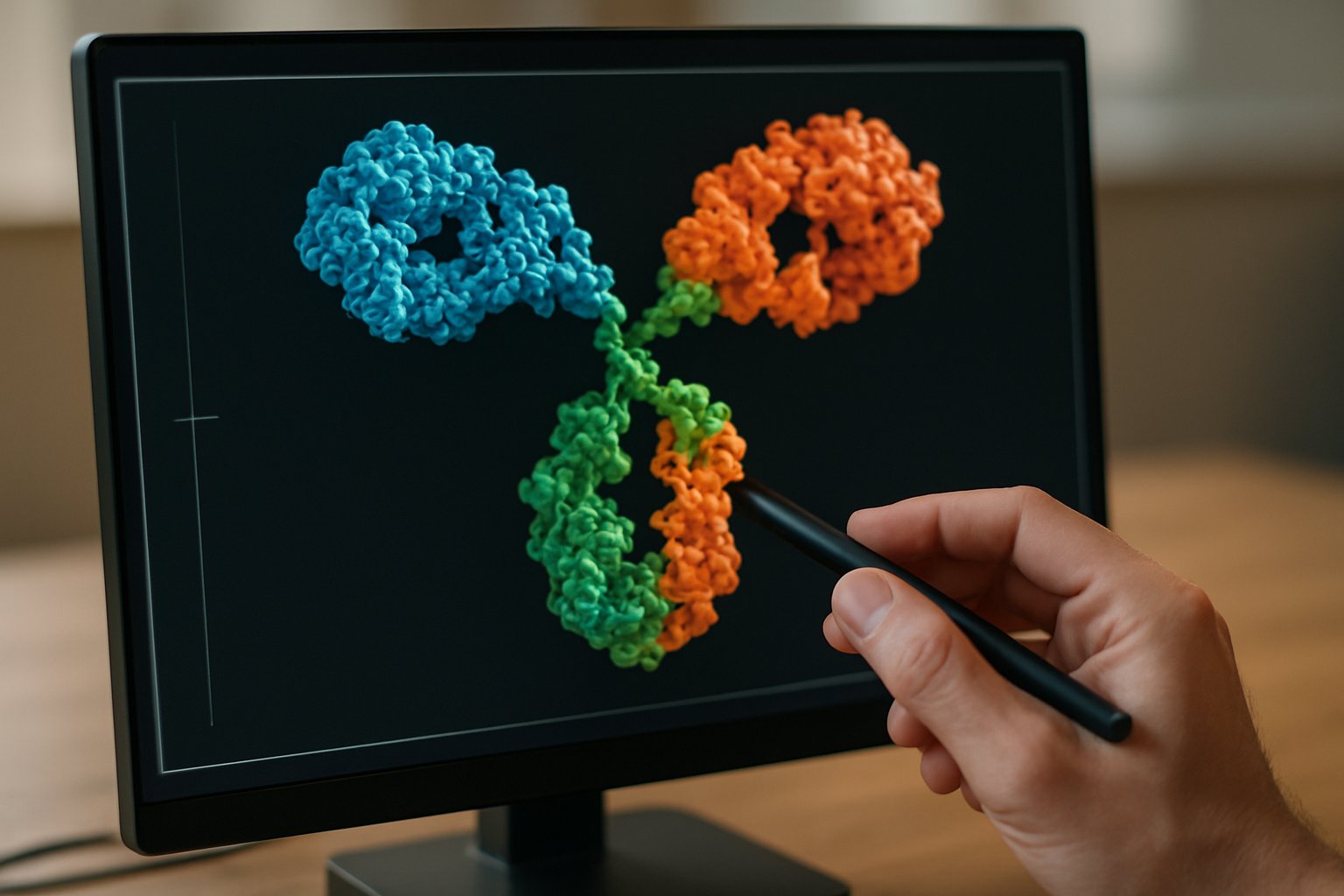 Drug Discovery process visualized with 3D antibody design on computer.