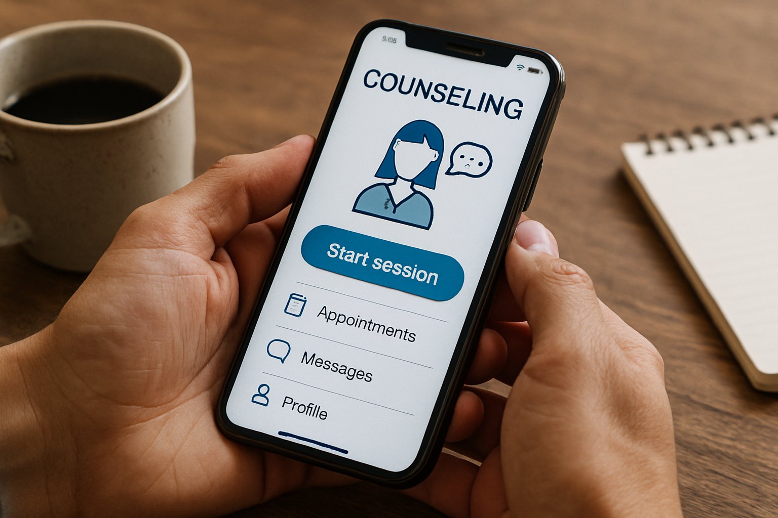 Counseling app interface representing Psychological Risk Crisis in real-life scenario.