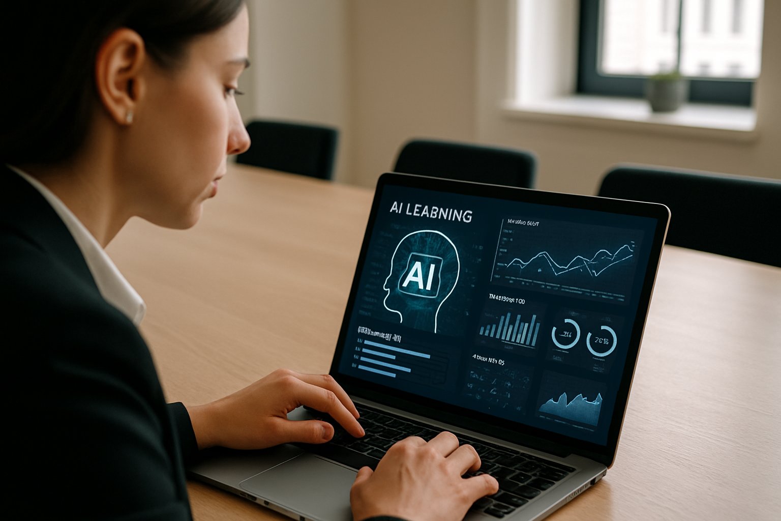 Businesswoman studying AI Learning analytics dashboard on laptop.