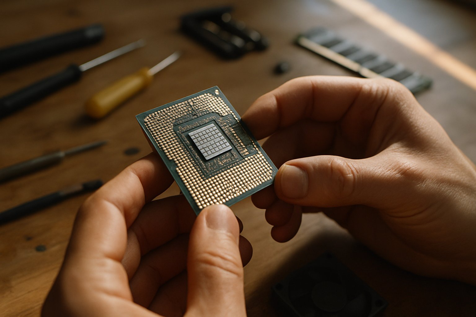 Hands assemble computer chip on workbench amid hardware shortage challenges.