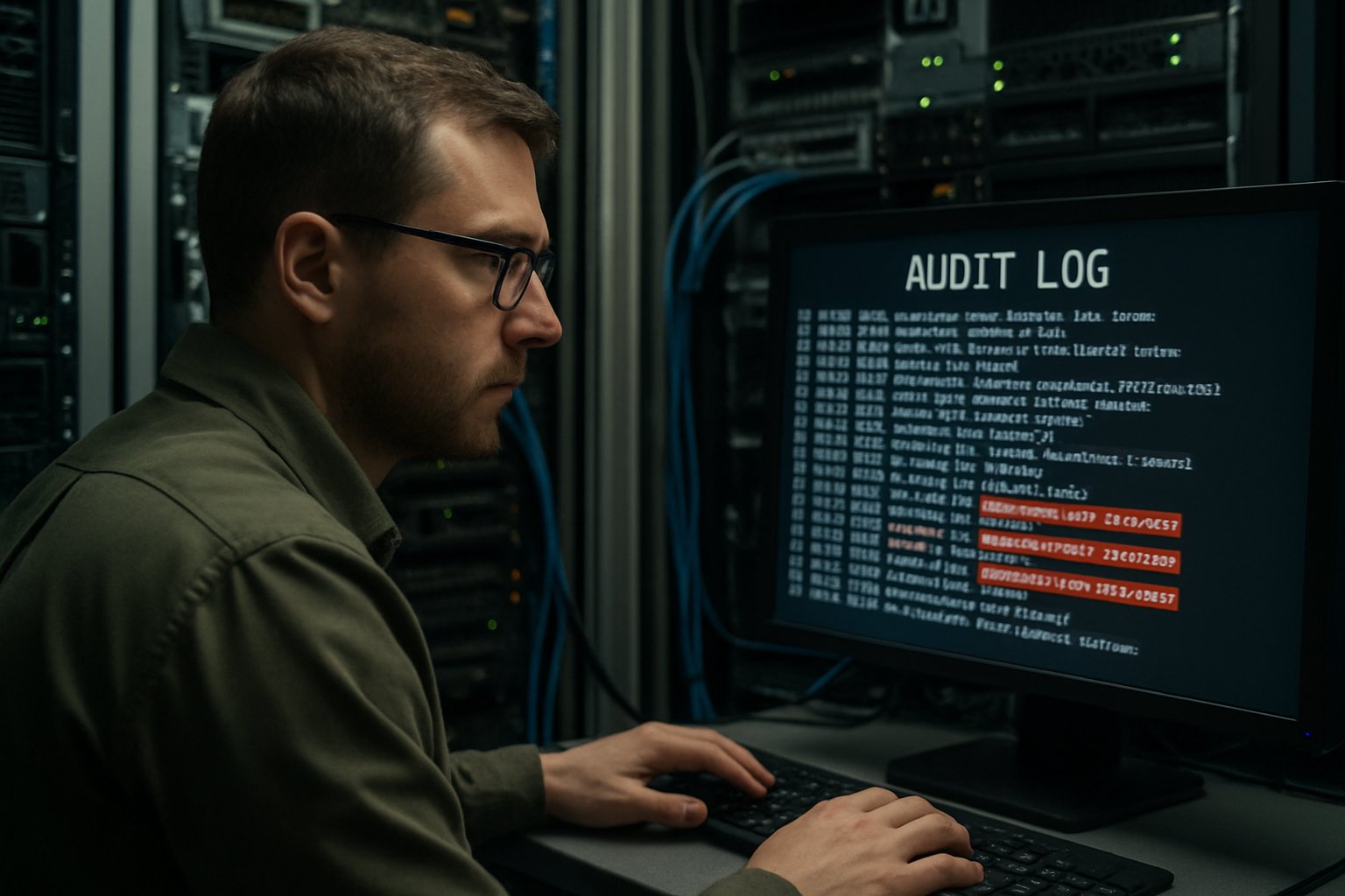Cybersecurity specialist identifying IAM Gaps in an enterprise server room.