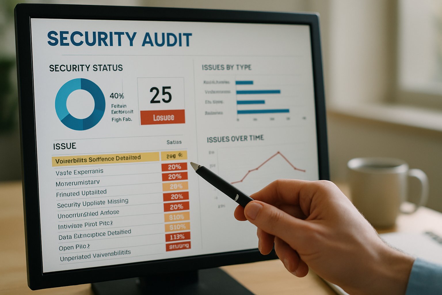 Computer screen with AI Security Audit results and analysis graphics.