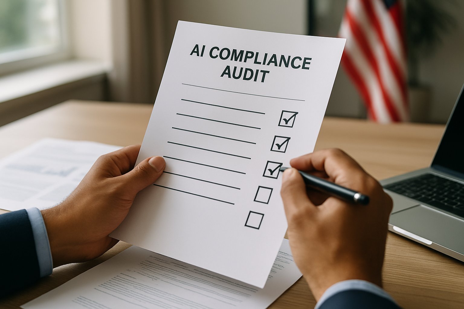 Auditor performing America AI Act compliance checklist in a modern office.