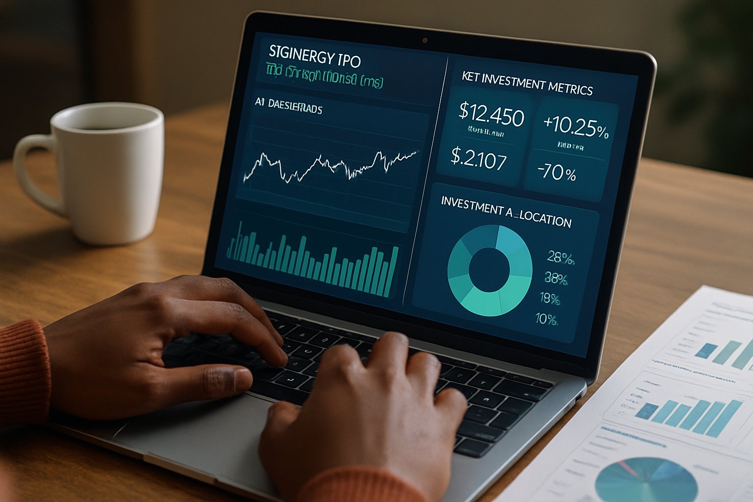 AI Investment dashboard on laptop showing Sigenergy Hong Kong IPO data.