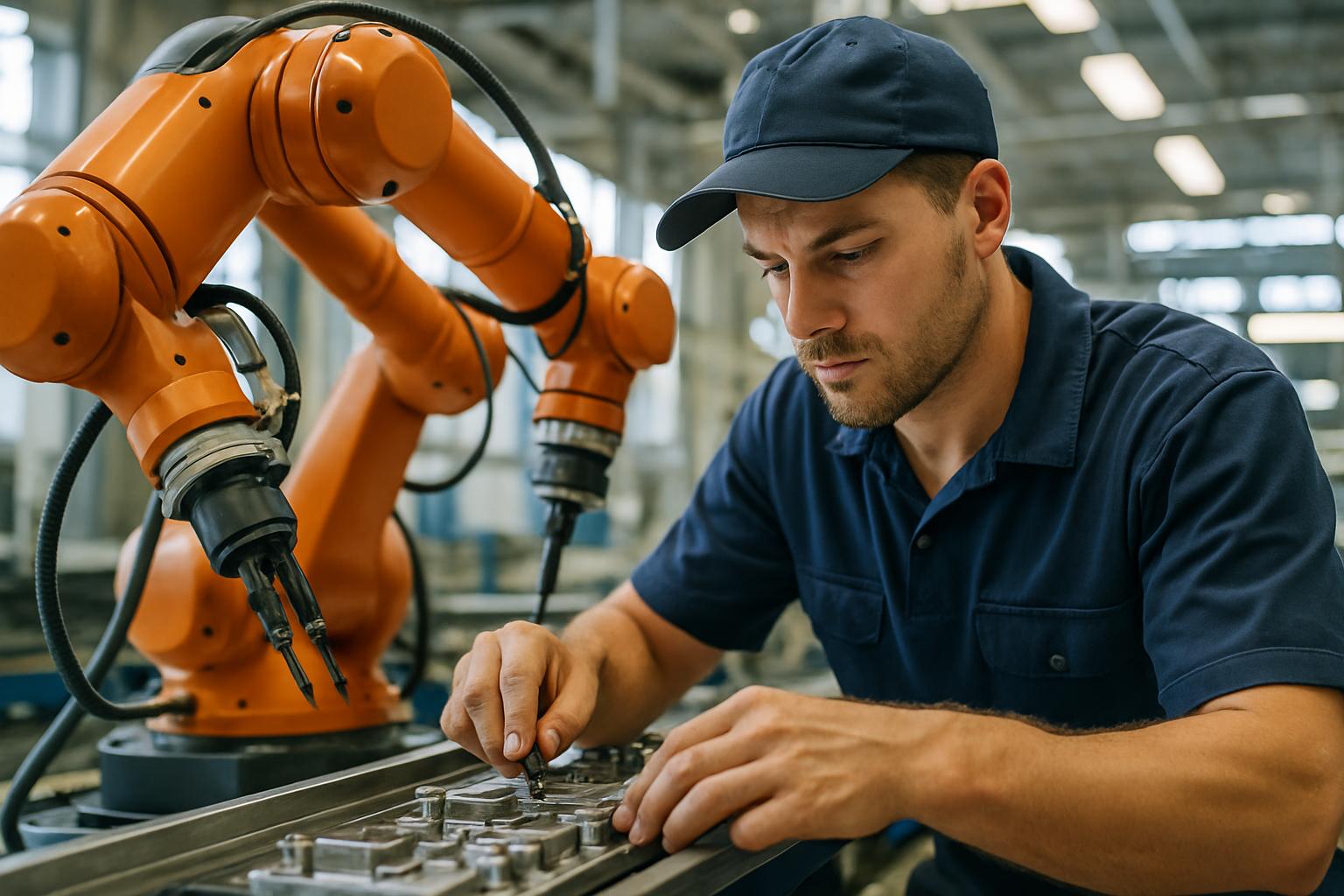 Workforce Automation pairing skilled worker with robotic arms on a factory line