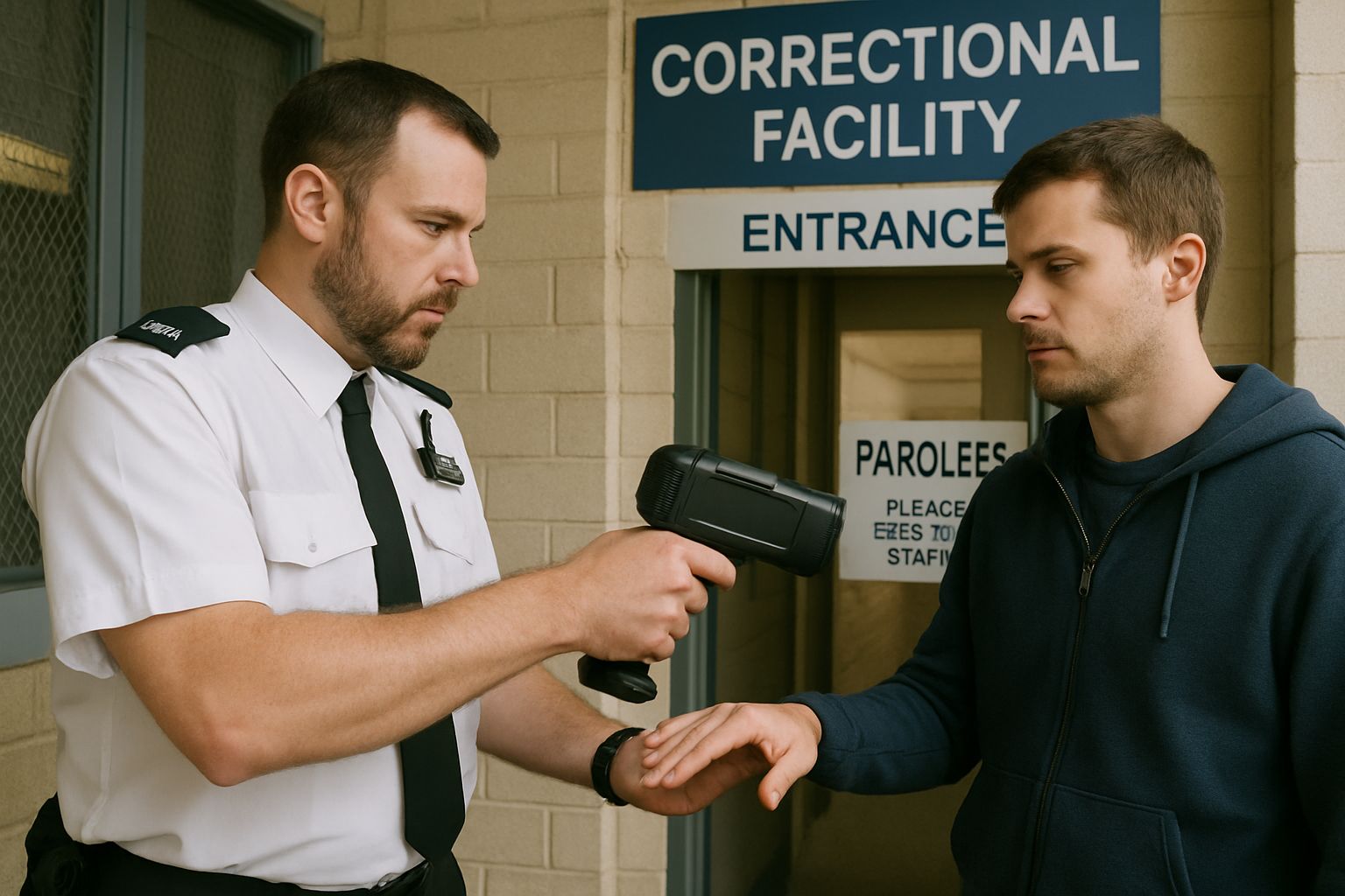 Prison staff using biometric scanner for AI Government Security initiative.