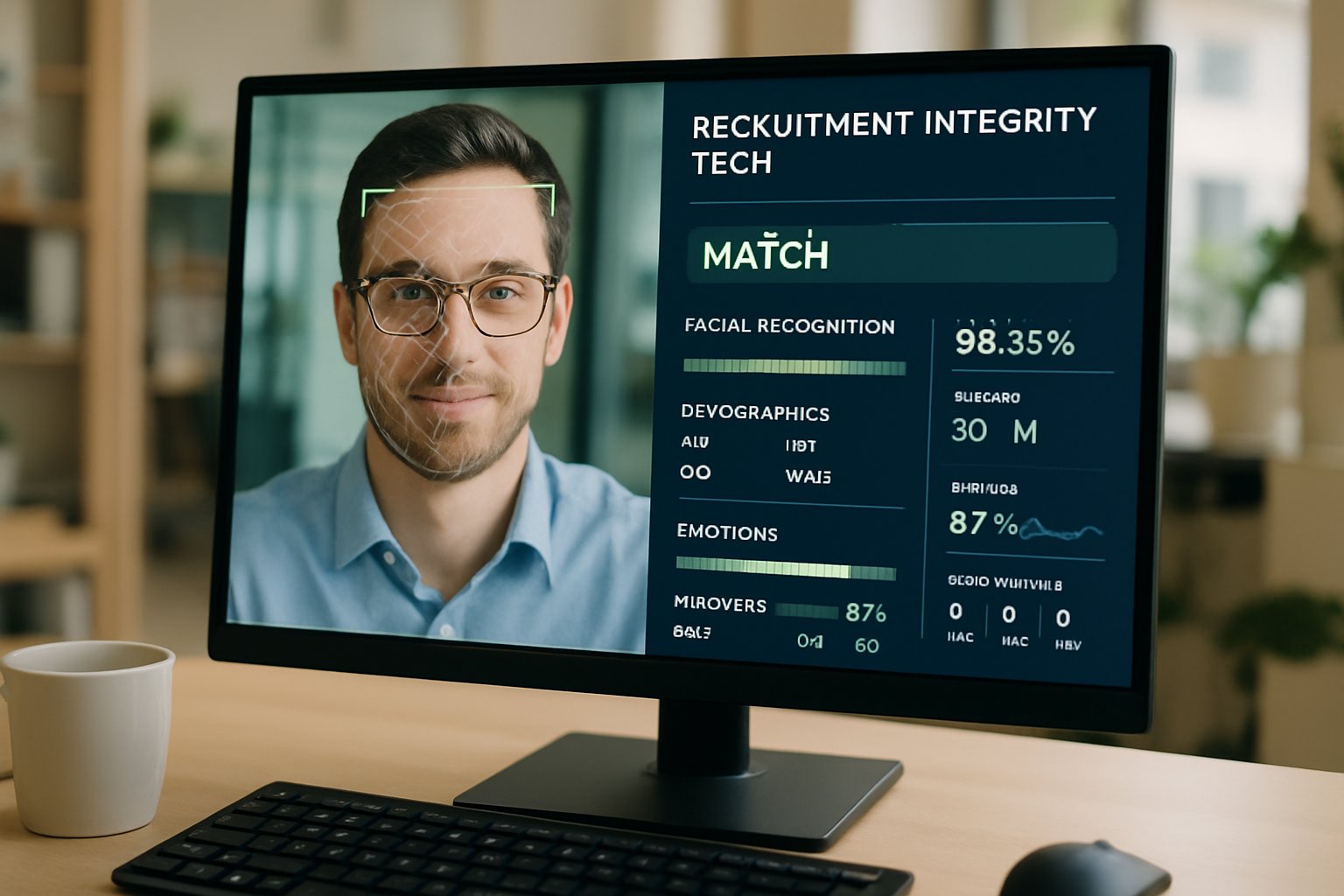 Recruitment Integrity Tech biometric tools analyzing live video interview to prevent deepfake fraud.