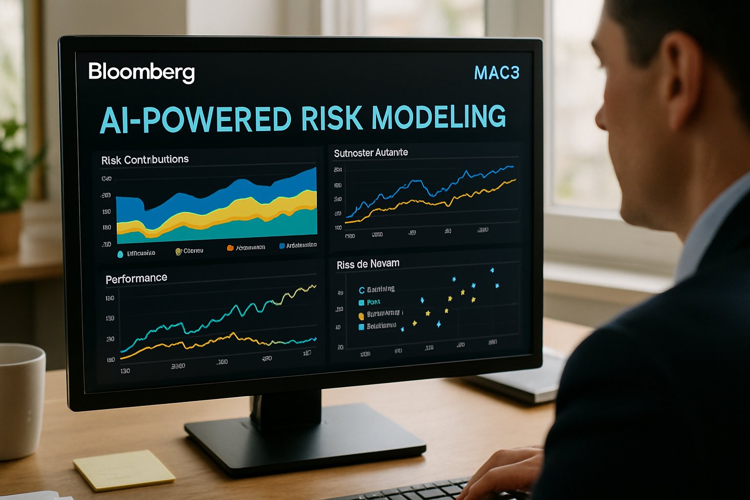 Bloomberg MAC3 interface showing AI Finance portfolio risk charts on an office computer.