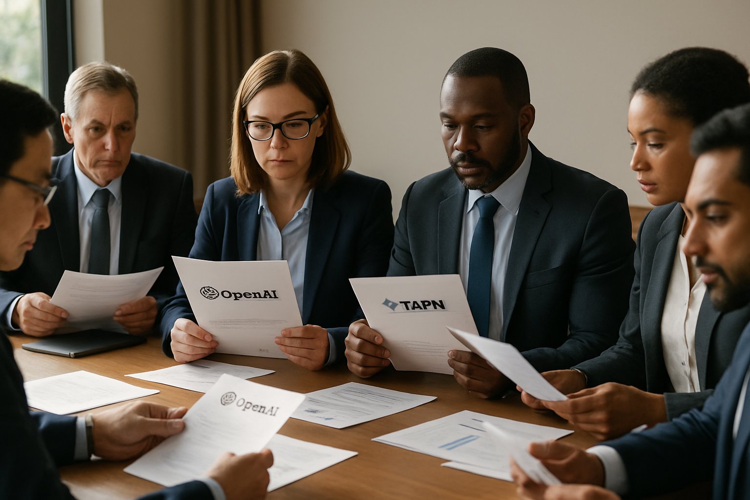 Business professionals in meeting discuss AI Media Acquisition with branded reports in focus.