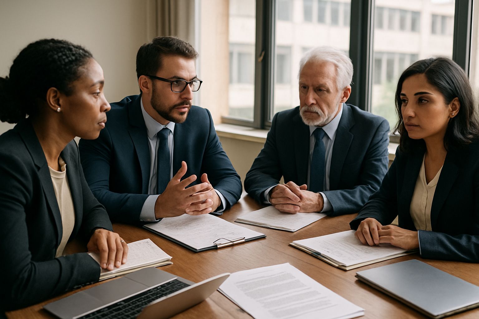 Group discussing Founding Mission Dispute around conference table