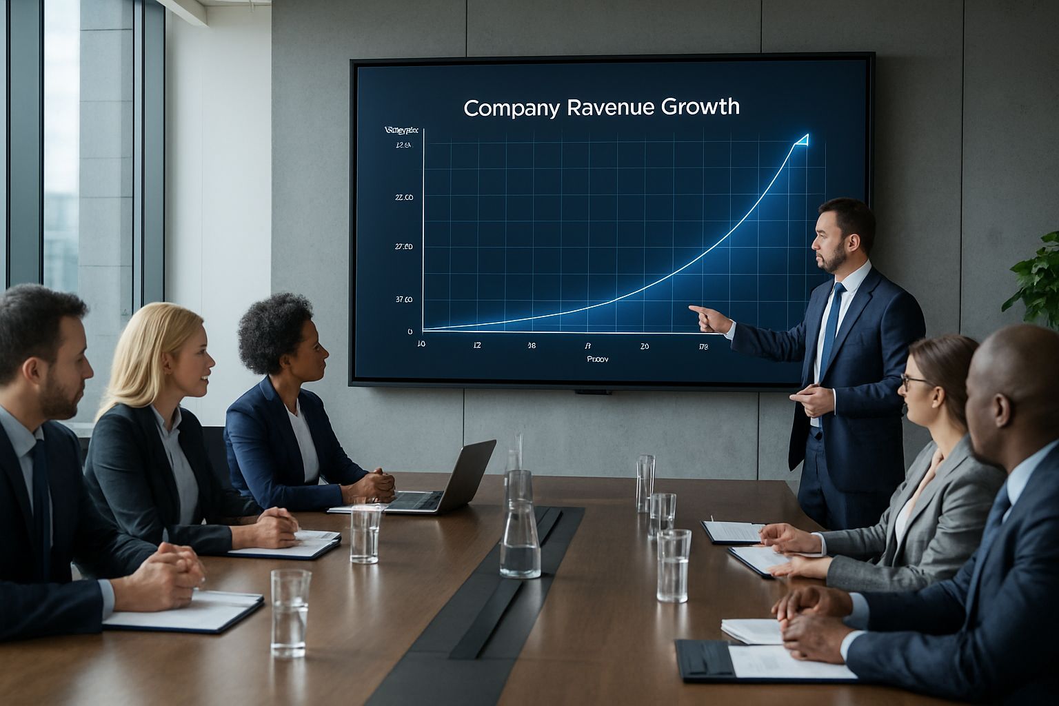 Executives analyze revenue growth in AI Business boardroom discussion.