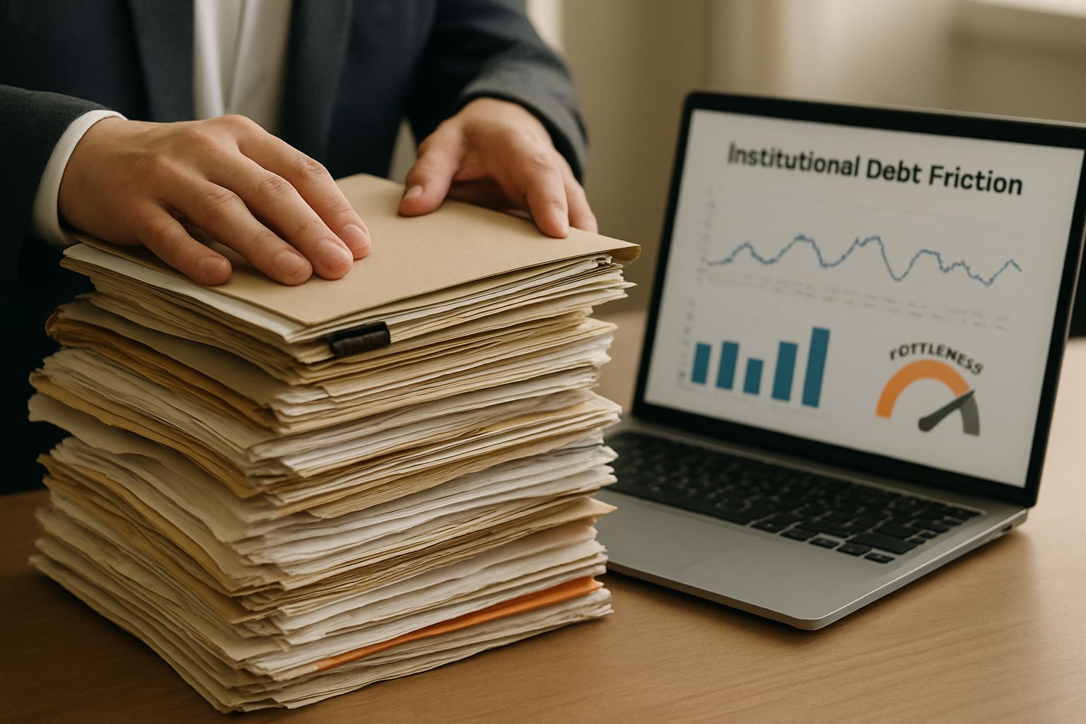 Paperwork illustrates Institutional Debt Friction with reports, folders, and digital analytics dashboard.