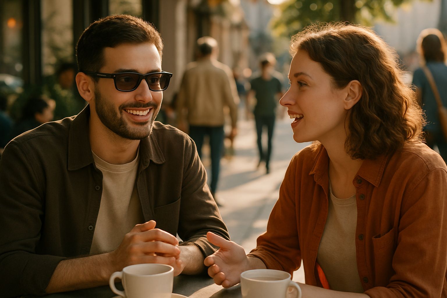 People in cafe setting discussing wearable AI surveillance impact on privacy.