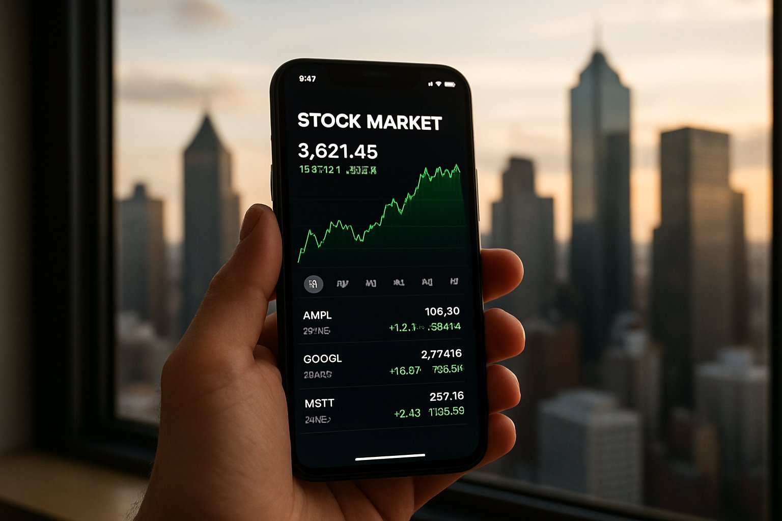 Hand holding smartphone with Capital Markets data in front of city skyline.
