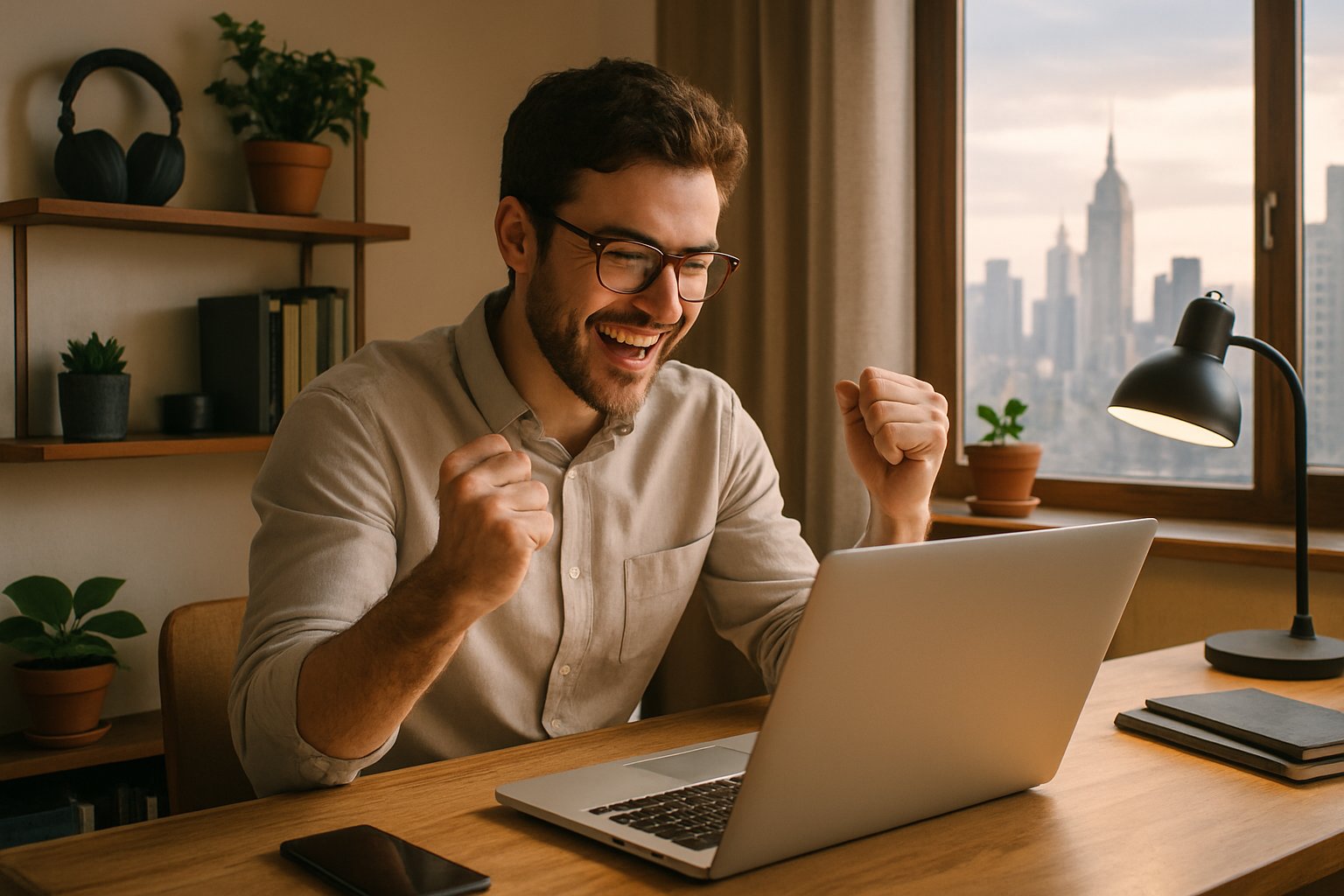 Young professional celebrating Tech Careers job offer at home.