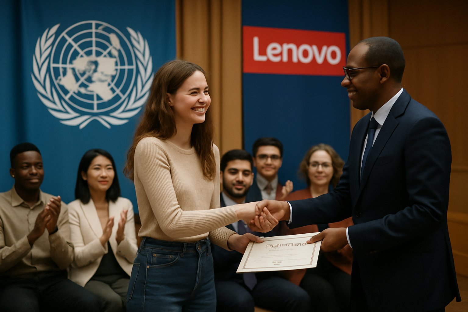 Young woman receives certification at Youth Career Ecosystem event with UN and Lenovo.