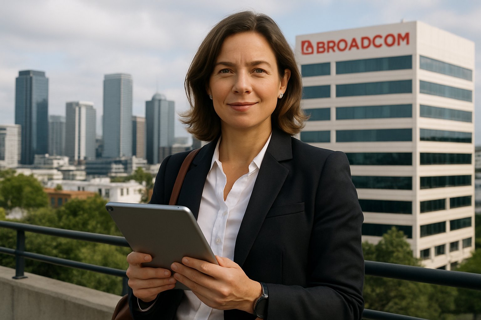 Executive Tech Transition featuring new Broadcom CFO Amie Thuener with city skyline.