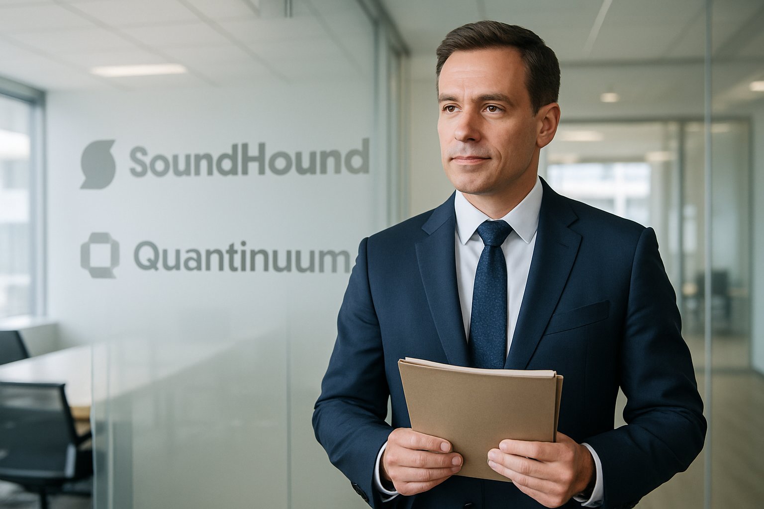 Executive AI Transition featuring CFO reflecting on company change near office logos.