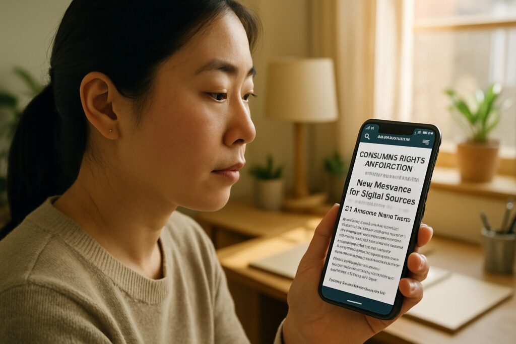 Chinese woman reviewing Consumer Rights Protection policies on her smartphone.