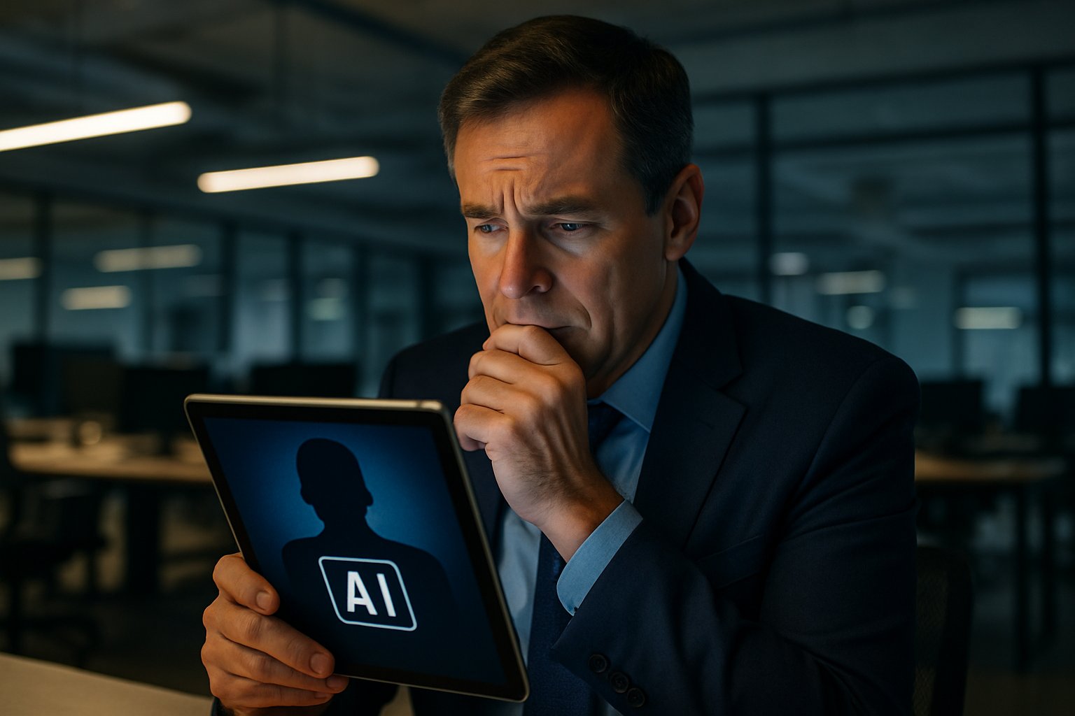 Enterprise CIO examining Shadow AI Risk on office tablet.