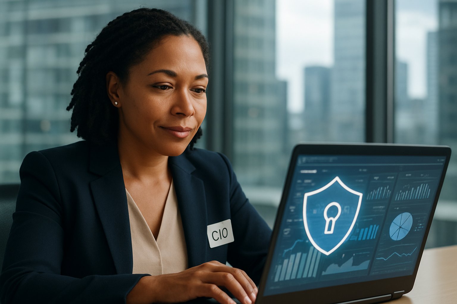 Female CIO evaluates Shadow AI Solution for secure enterprise analytics.