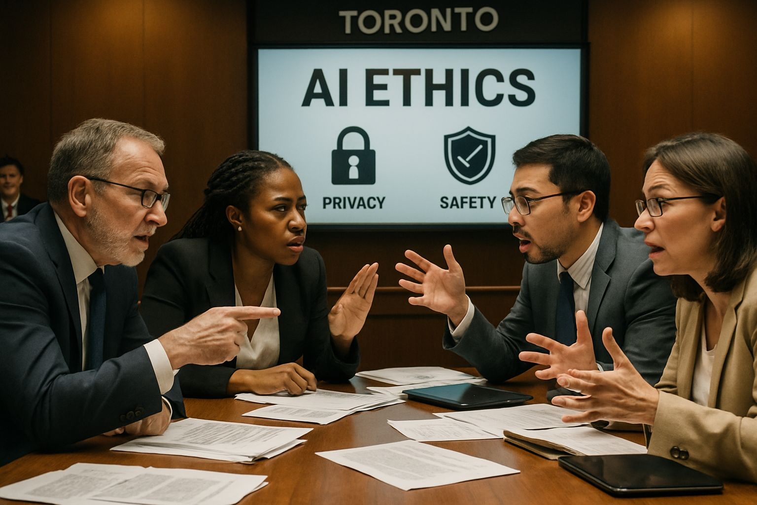 City council discusses AI Ethics over Toronto’s surveillance initiatives in a realistic setting.