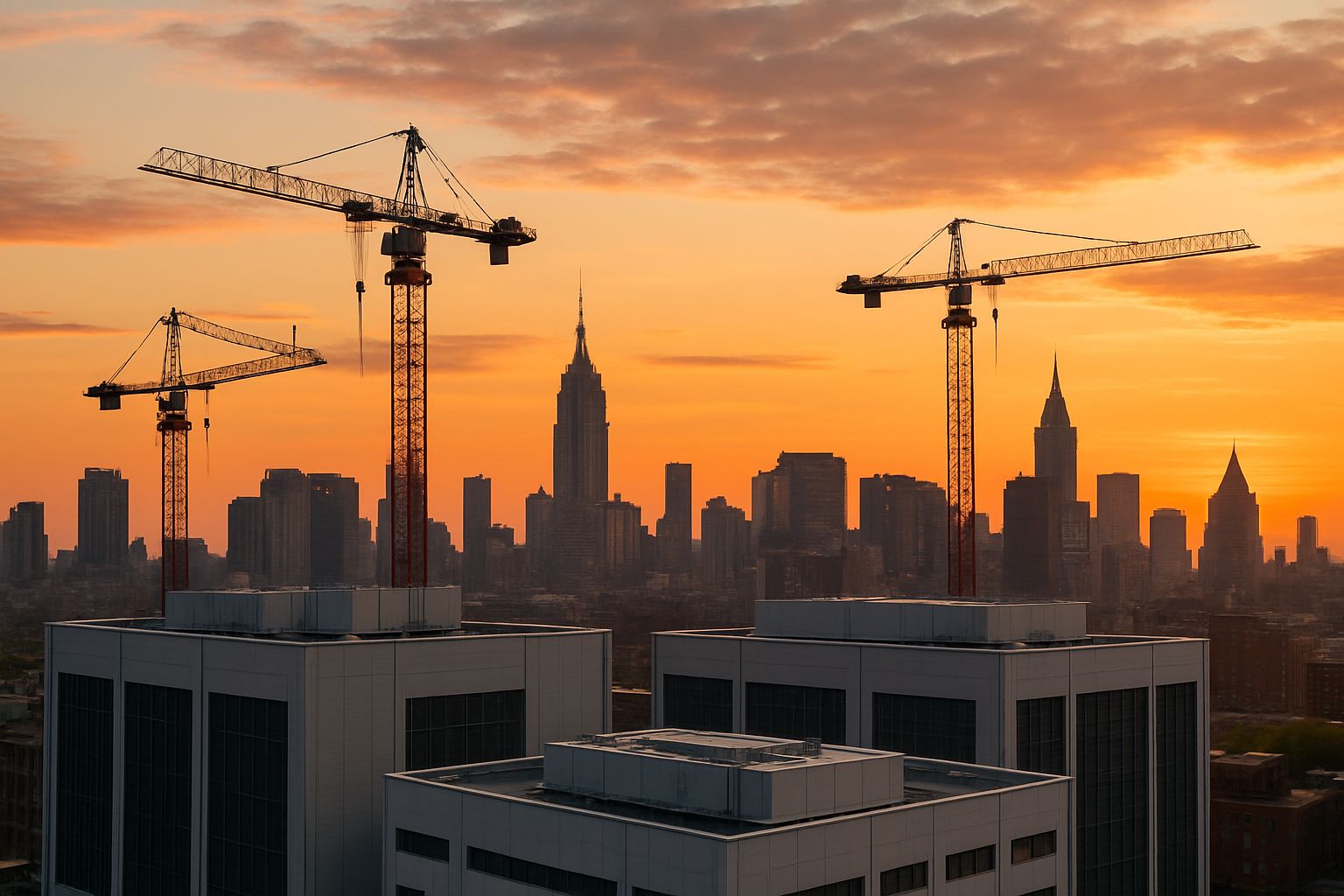 Modern city with cranes showcasing Infrastructure Market Growth.