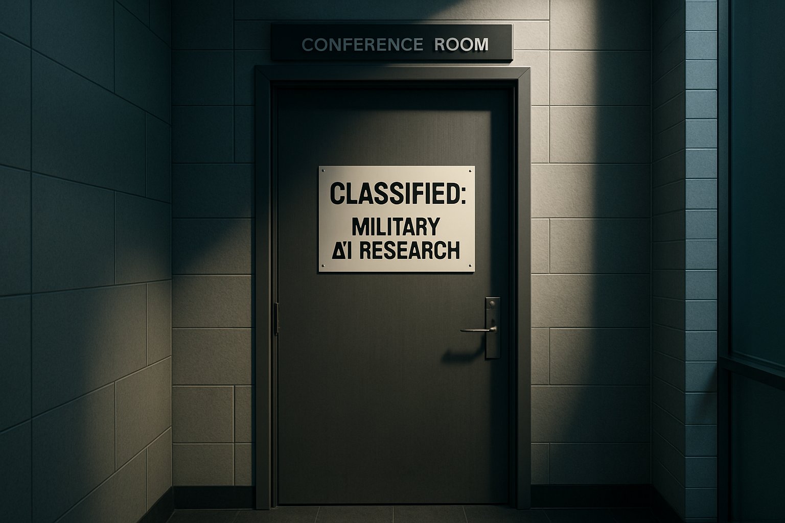 Defense Ethics Rift illustrated by a closed door labeled 'Classified: Military AI Research' in a tech office.