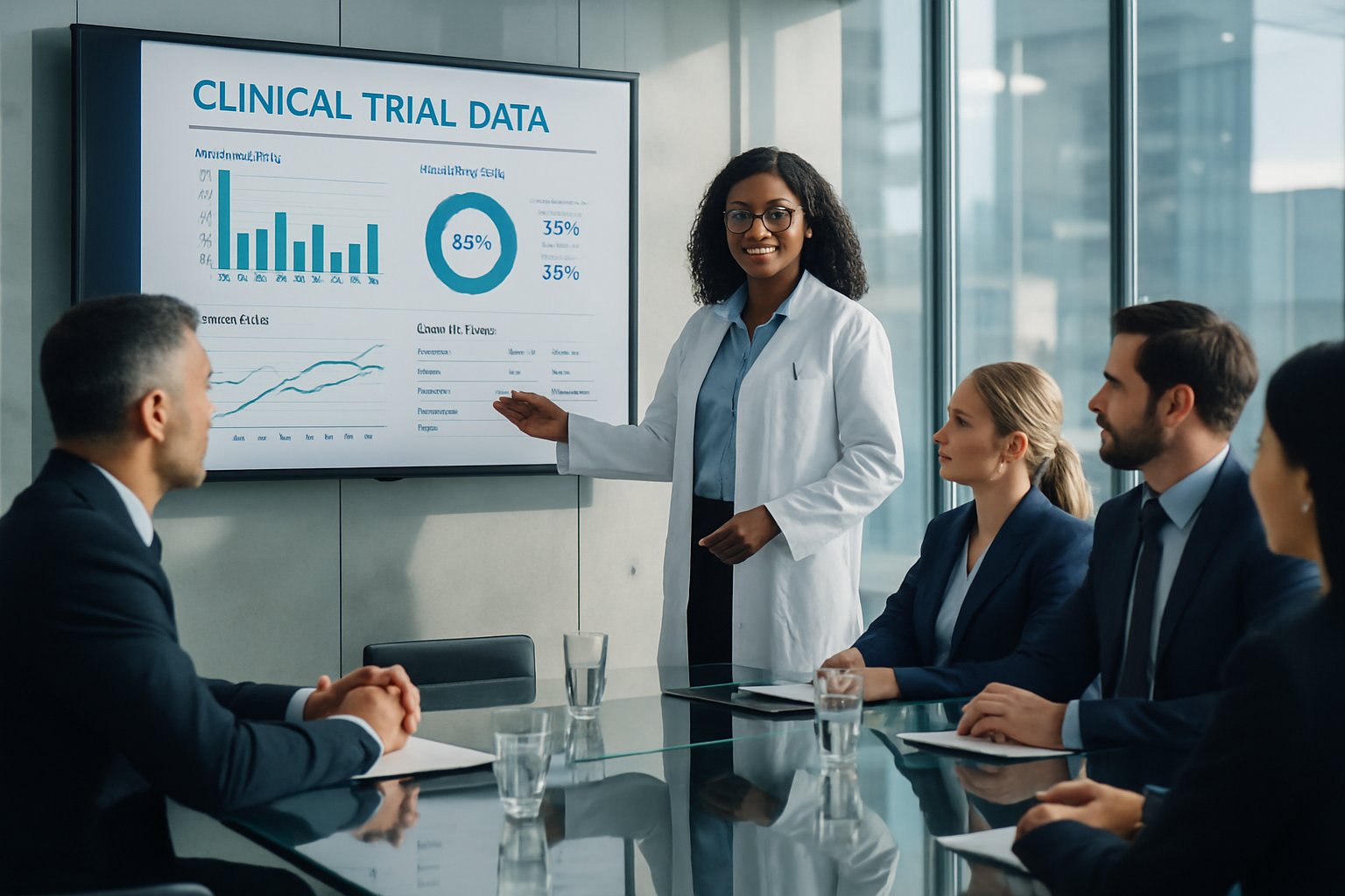 AI Pharma Tech expert sharing clinical trial results at team meeting.