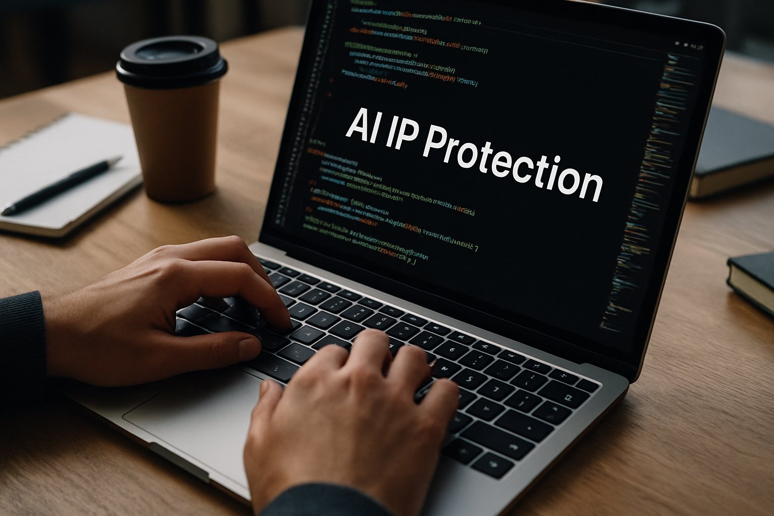 Hands coding on laptop screen labeled with AI Intellectual Property protection.