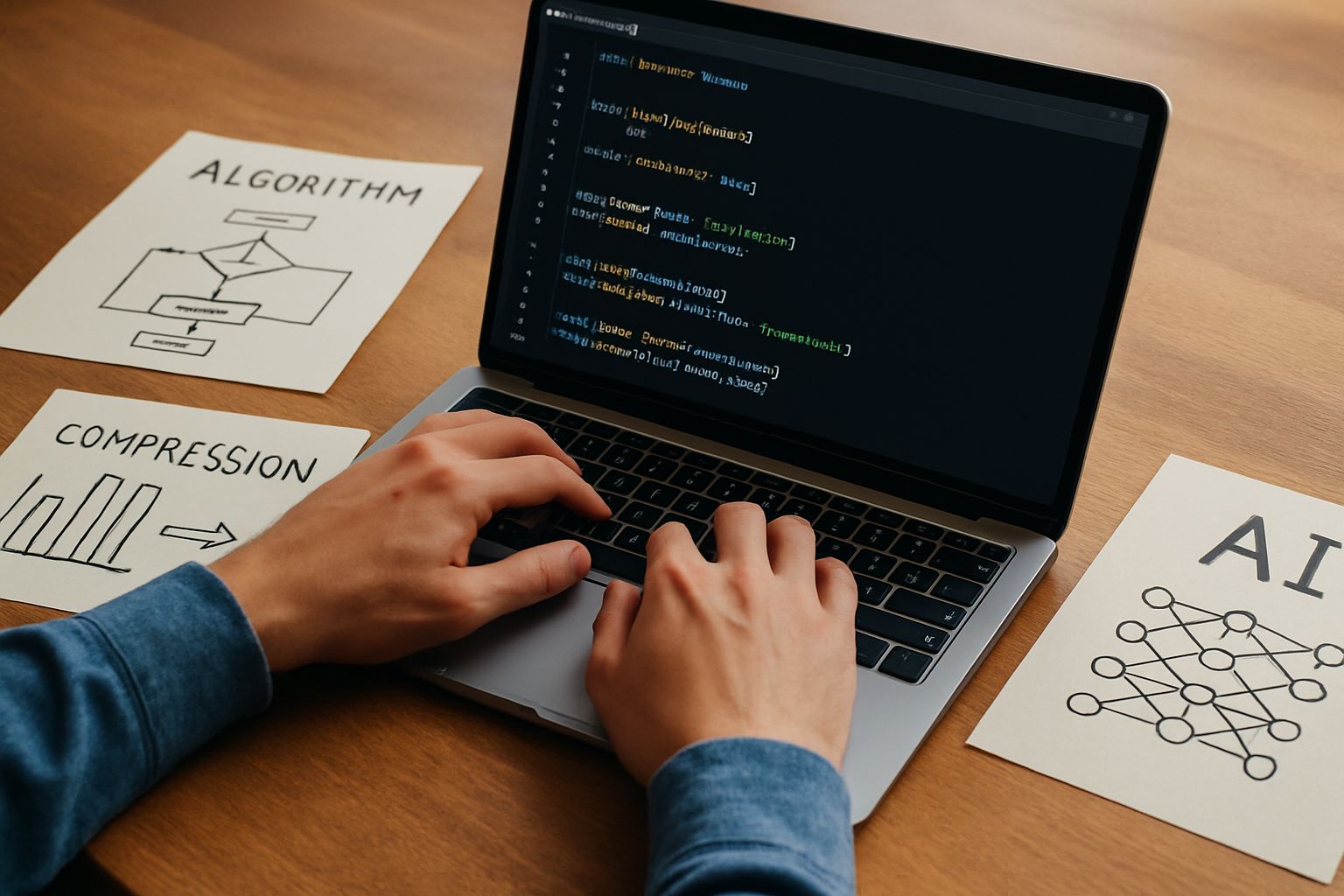 Hands coding AI Development algorithms with notes and diagrams.