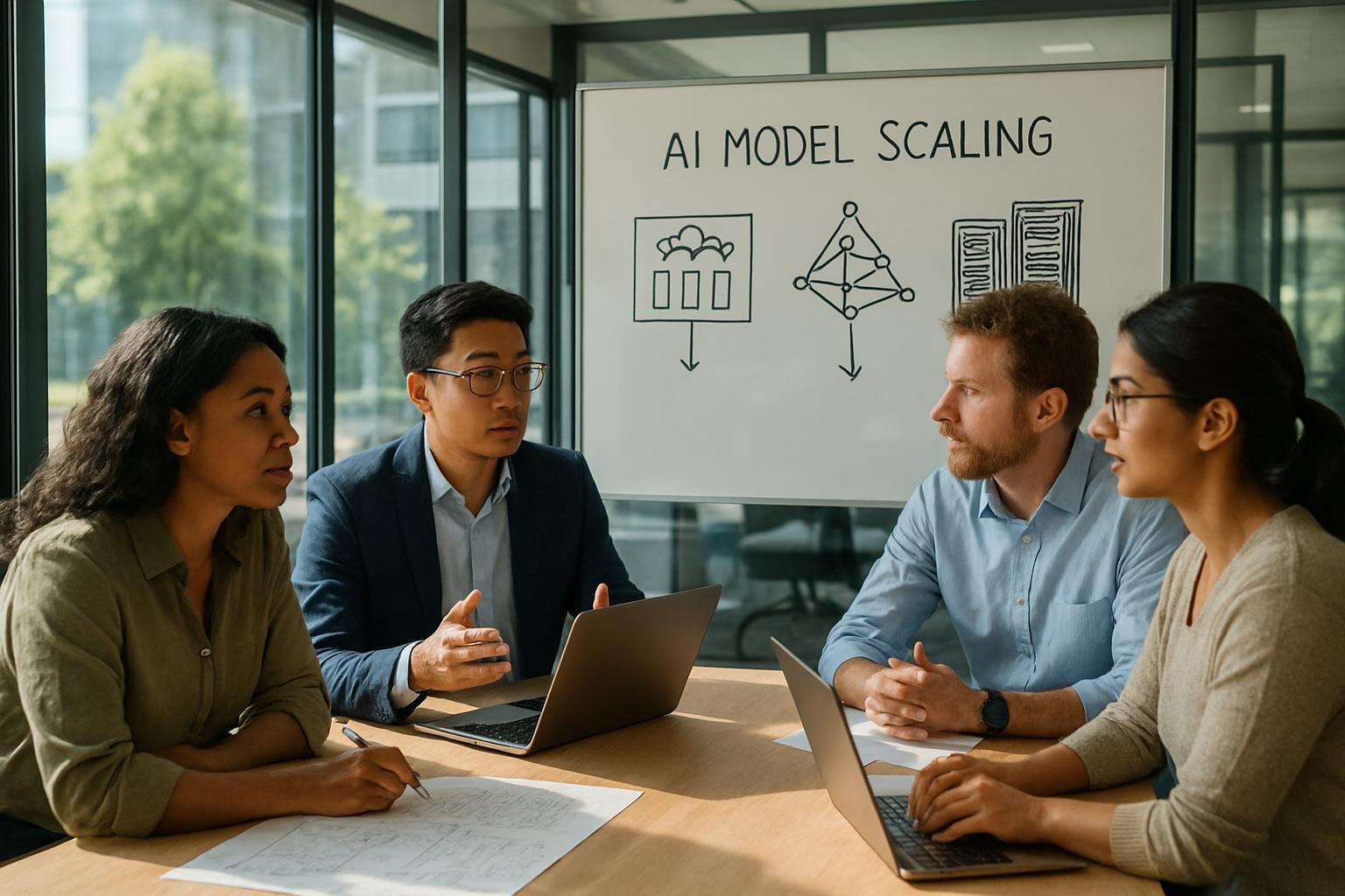 Team strategizing AI Model Scaling inside a modern meeting space.