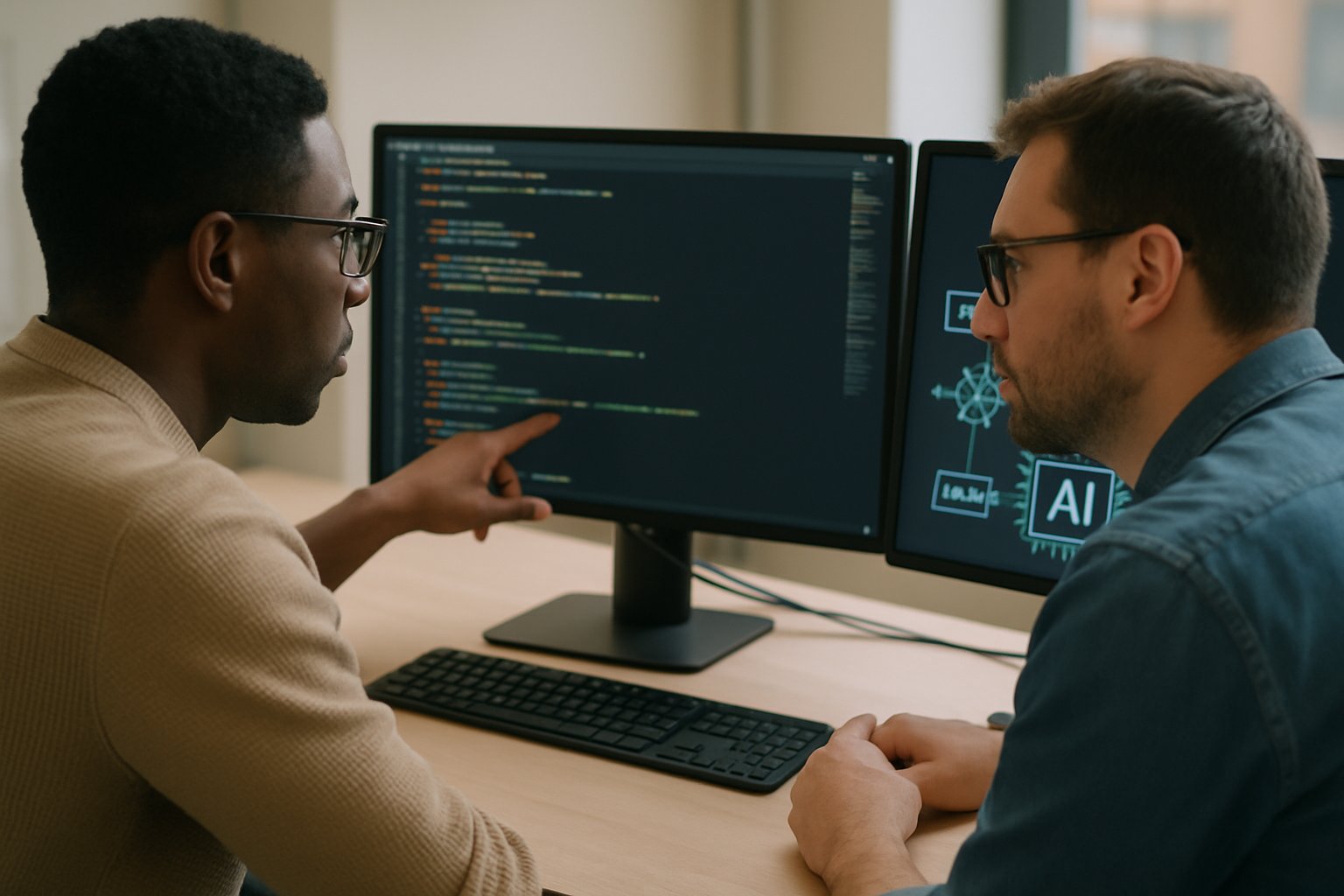 Engineers collaborating on Software Development AI frameworks in office setting.