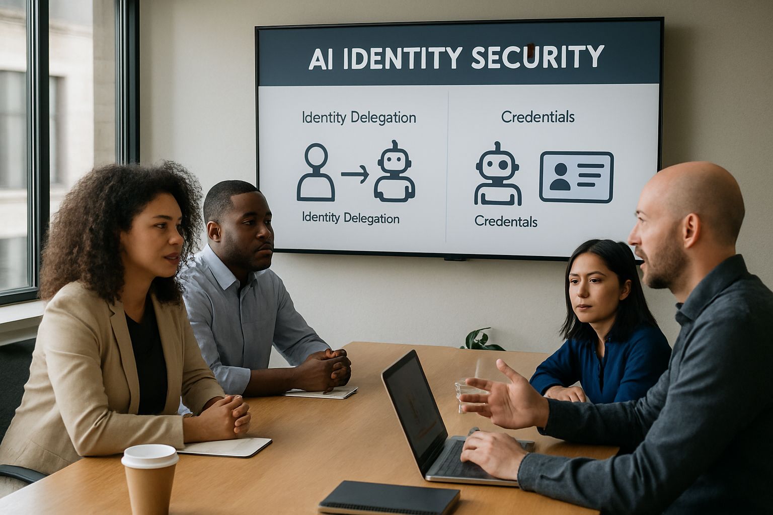 Team talks AI Identity Crisis in office focusing on secure credentials.