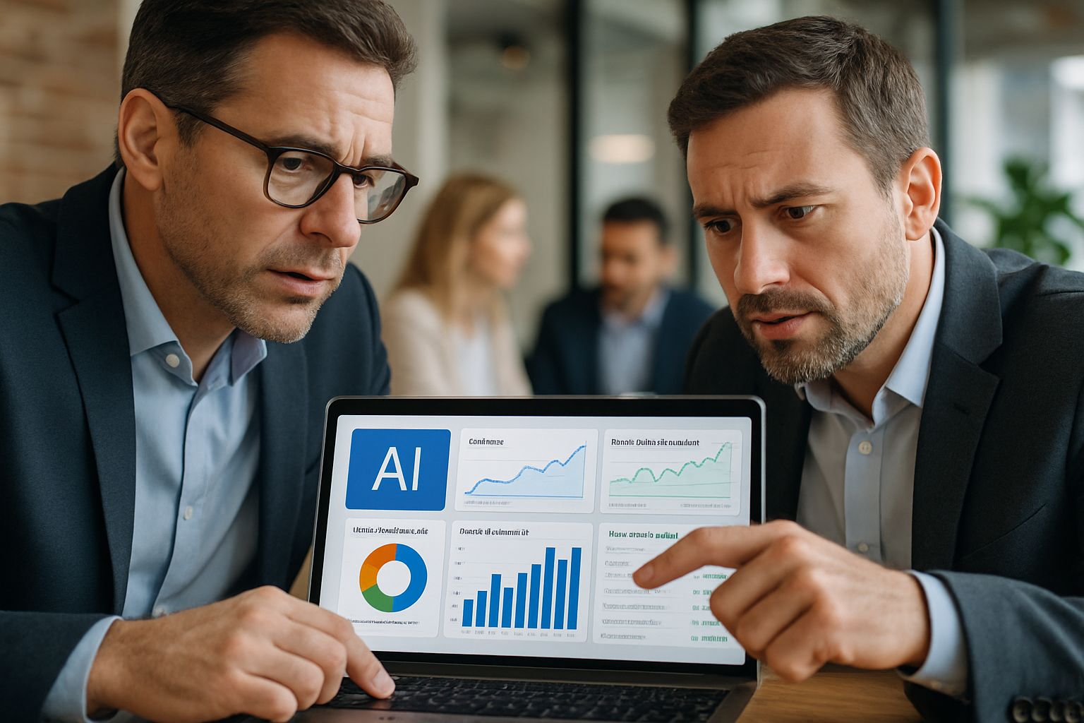 Investors reviewing AI Financial Intelligence data on laptop analytics dashboard.