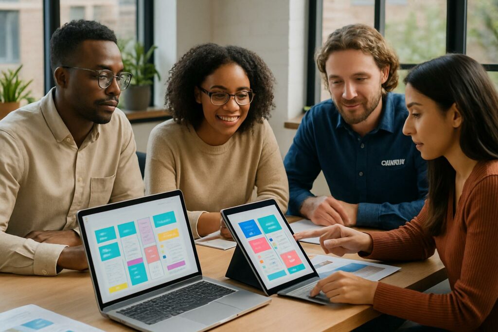 Design Tech professionals collaborate in modern office on digital workflows