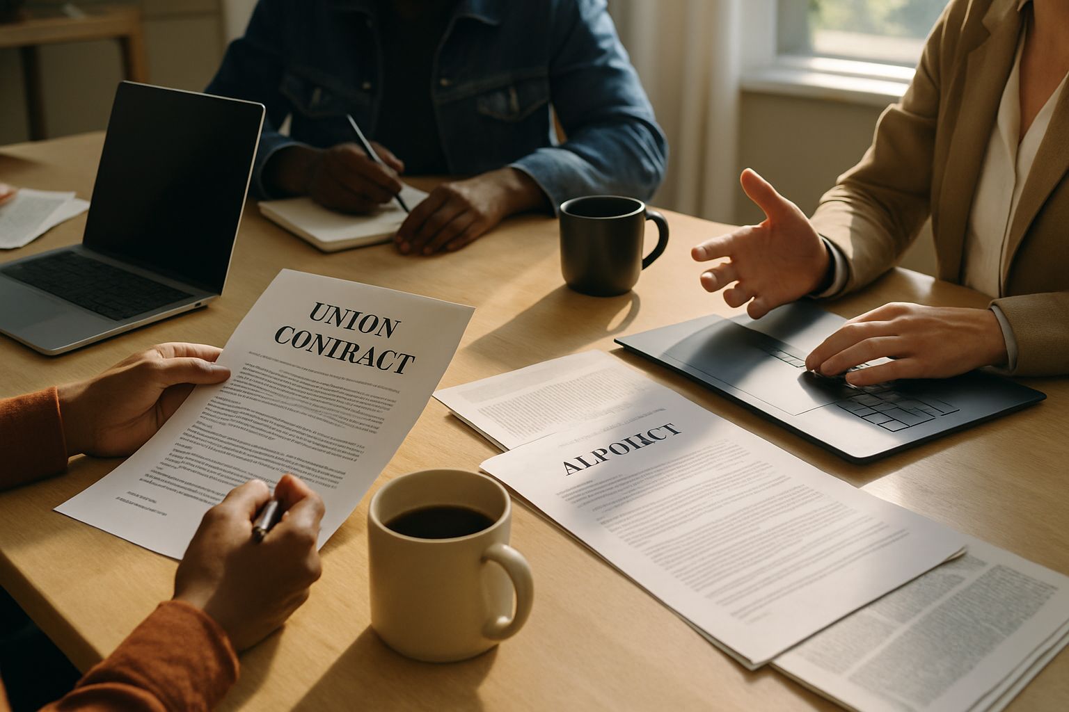 Labor Rights discussion around newsroom table about automation contracts.