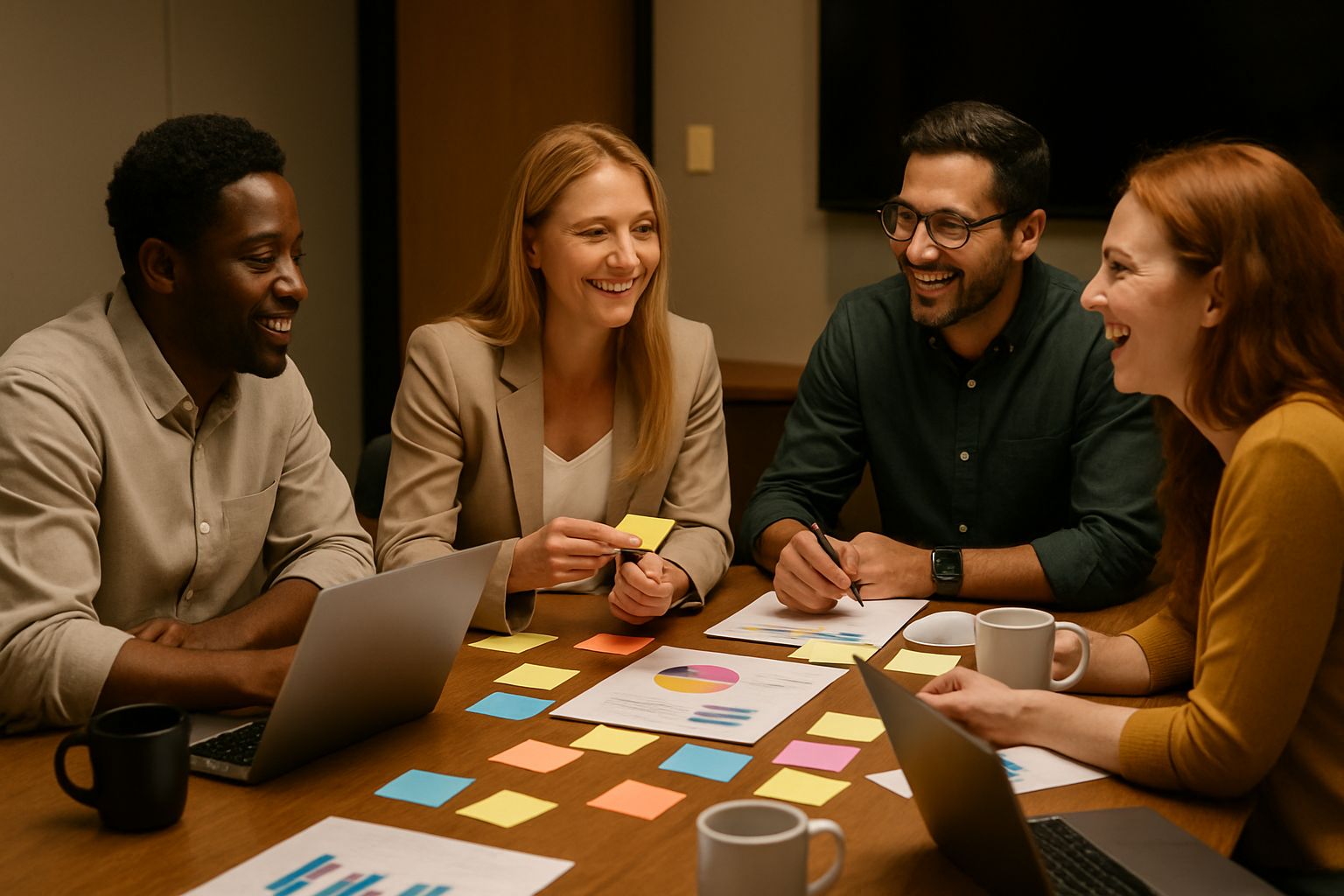 Marketing Strategy team brainstorming in a collaborative office meeting room.